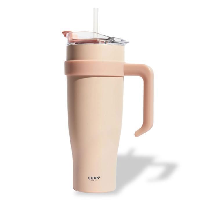 Mug Isotherme avec Paille et Poignée Ergonomique - Gourde XXL en Inox pour conserver vos boissons chaude ou froid Coloris Beige
