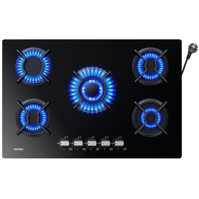 Plaque de cuisson gaz - WEHIMO - 5 feux - Verre trempé 8 mm - Sécurité thermocouple - Noir