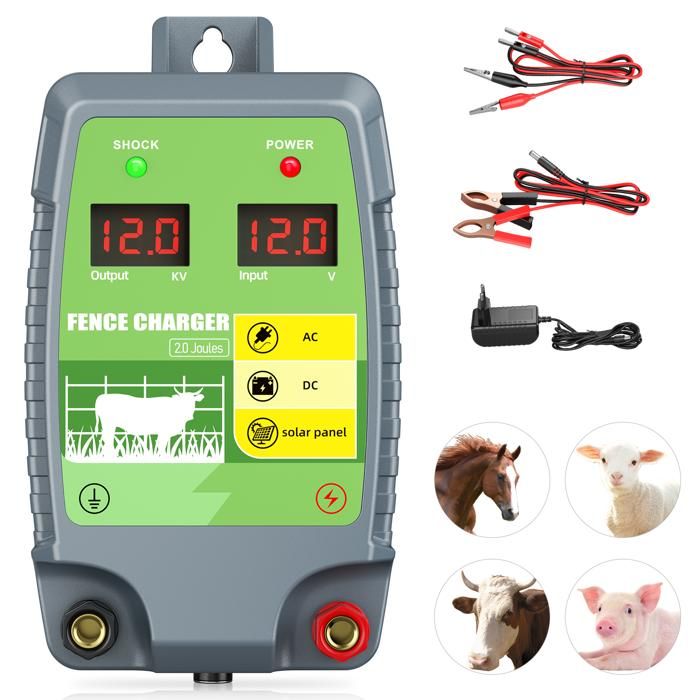 Meilleurs prix pour Appareil de Clôture Électrique 10KM 2J - 3 Alimentations (Secteur/Batterie/Solaire)/Écrans LED/pour Sécurité Élevage Bétail