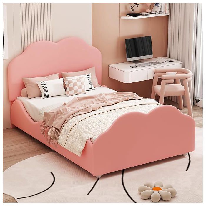 Lit enfant rembourré 90 x 200 cm avec garde-corps haut Tête de lit et pied de lit en forme de nuage sans matelas Lit simple Rose