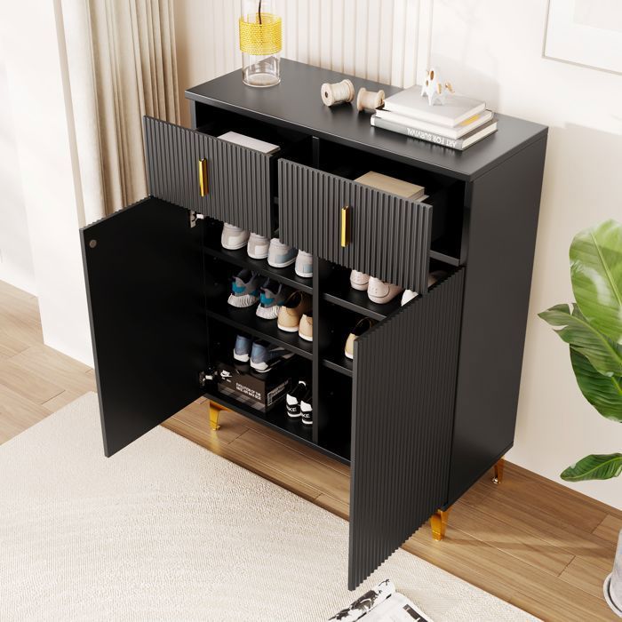 Armoire à Chaussures avec Tiroirs et Portes Meuble à Chaussures avec Rangements Moderne avec Étagères Réglables Noir Armoire à Chaussures avec Tiroirs et Portes Meuble à Chaussures avec Rangements Moderne avec Étagères Réglables Noir