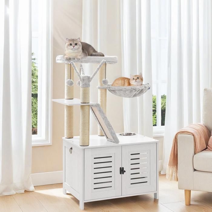 Meilleurs prix pour HOOBRO Arbre à Chat avec Maison de Litière pour Chat Maison pour Chat en Bois avec Tour à Chat Blanc