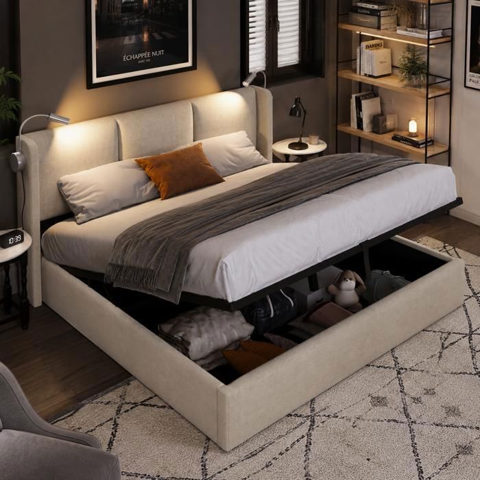 Lit coffre 160×200 cm avec lampe Lecture LED lit double avec rangement et USB cadre à lattes Cadre de lit 160×200 Lin Gris