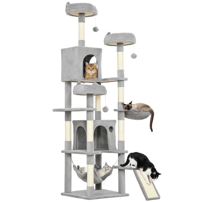 Comparer les prix de Arbre à chat - tour de jeux pour chat - PawHut - 8 poteaux à griffer 4 plateformes 2 niches 2 hamacs échelle - 192 cm - gris