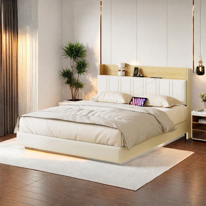 Lit 140x200 cm - sommier - Ensaches - LED et USB - Cadre de Lit en Métal - Blanc