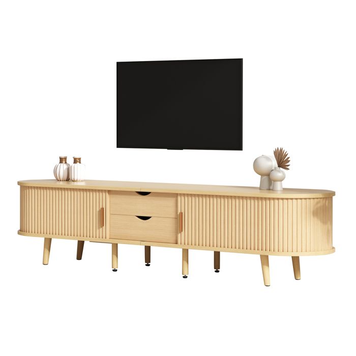 Meuble TV Noyer Clair- 2 Portes Coulissantes 2 Tiroirs Design Ovale Moderne Capacité 30kg175x40x42cm