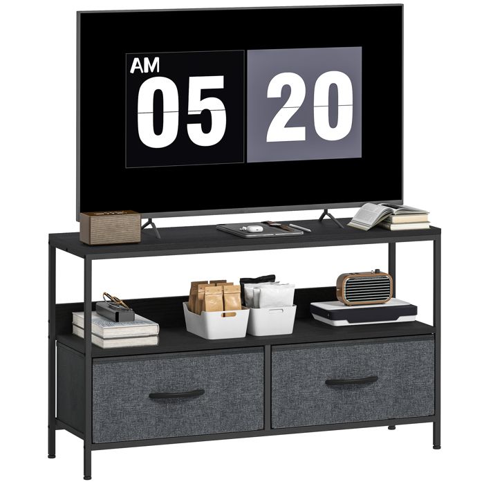 Meuble TV - HOMCOM - pour téléviseur jusquà 47 pouces - 1 étagère 2 tiroirs pliables - 98 x 29 x 56 cm - gris foncé Meuble TV - HOMCOM - pour téléviseur jusquà 47 pouces - 1 étagère 2 tiroirs pliables - 98 x 29 x 56 cm - gris foncé