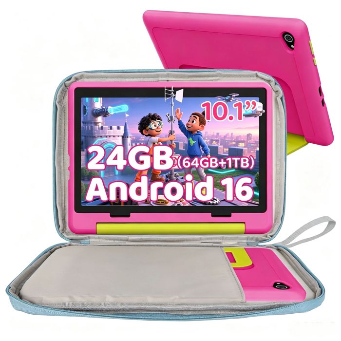 Tablette Enfant 10 Android 15 20(3+17)Go RAM 64Go ROM Écran 1280x800 Caméra 5MP+8MP avec Sac Bleu et Étui de protection Rose