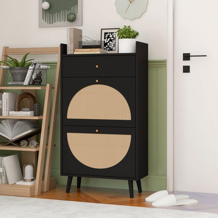 Meuble à chaussures noir 60 cm2 portes 1 tiroirdesign rotinportes semi-circulairespour entrée.