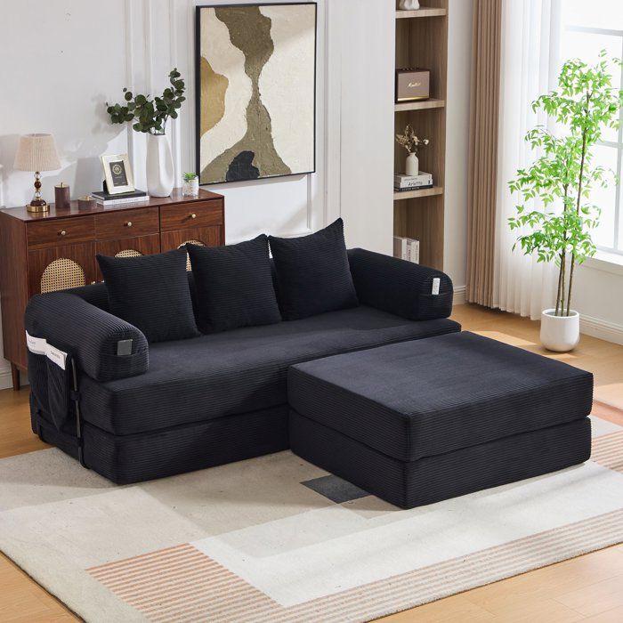 Canapé dangle modulable velours côtelé noir avec poche de rangement - ottoman et 3 coussins - sans montage