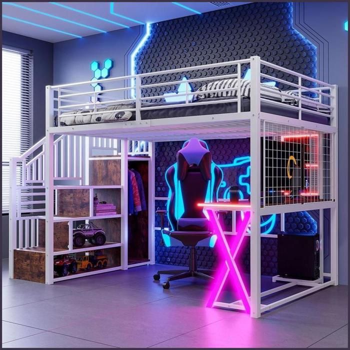 Hochbett 140x200 cm - LED Ablageleiter Schreibtisch Kleiderschrank Regale - Blanc (sans matelas)