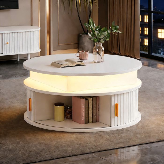Table Basse Ronde Relevable avec 2 Portes Coulissantes Table Dappoint avec LED Table de Salon avec Rangement Caché Blanc