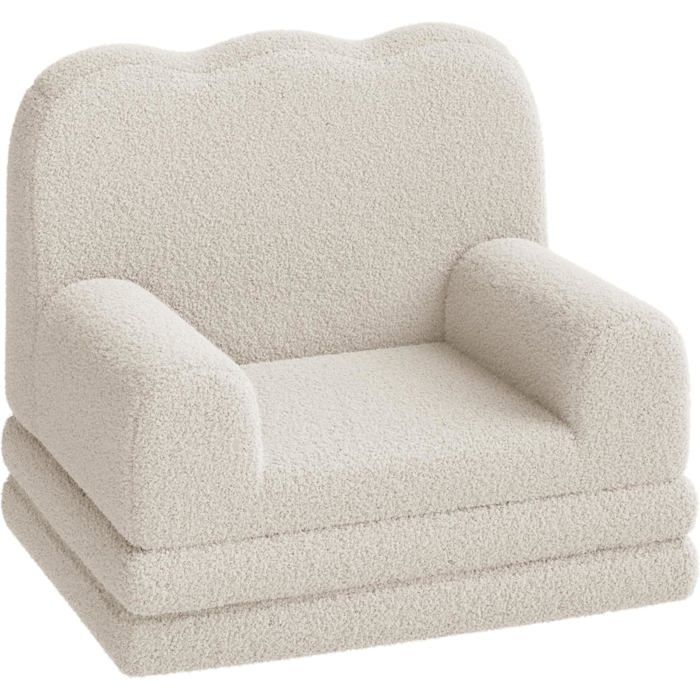 Canapé Enfant - LUNSY - fauteuil dépliable - canapé-lit 2 en 1 - avec housse amovible - Dossier à motif ondulé - blanc