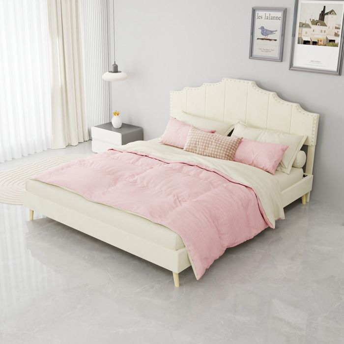 MEUBLIV Lit adulte 160x200 cm avec tête de lit et sommier à lattes laine Hollande beige sans matelas