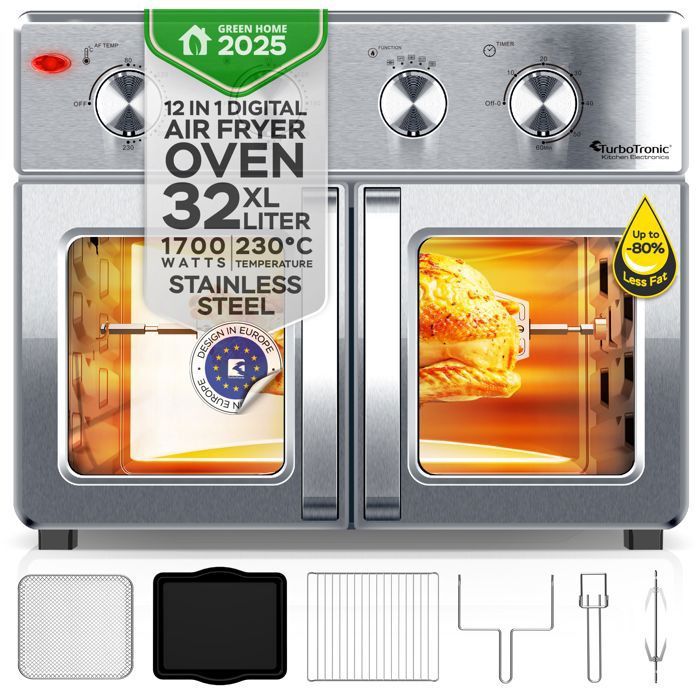 Mini Four et Friteuse à Air chaud 32L – TurboTronic AF32MFD – 12 Programmes – Température 25-230 °C – Acier inoxydable – Argent - Turbotronic