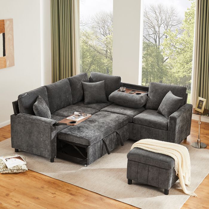 Canapé dangle convertible quatre places avec assise extensible lampes de lecture ports de recharge et porte-gobelets gris