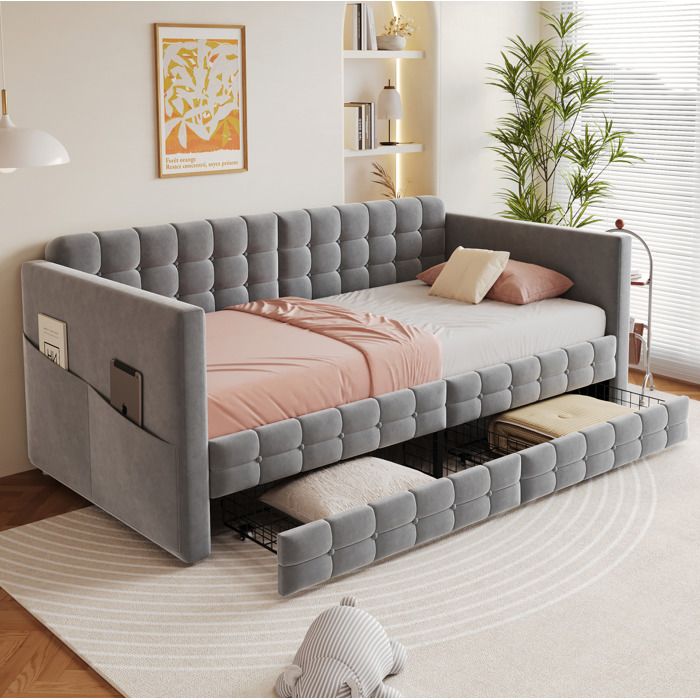 Lit banquette 90x190 cm avec rangement 2 poches latérales + 2 tiroirs sommier à lattes velours gris