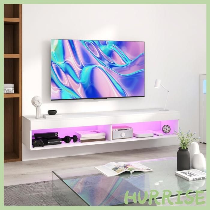 Cocosity Meuble Tv Suspendu Mural Avec Éclairage Led Pour Téléviseurs JusquÀ 75 Pouces Étagères 180L X 40L X 30H Cm Blanc