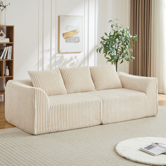 Canapé 3 places en velours côtelé beige lignes courbes assise large sans montage pour salon