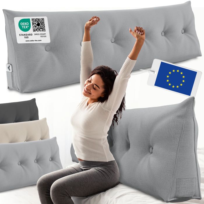 ELONEO coussin dossier lit 160 cm coussin triangulaire de lecture cale-dos avec housse lavable et poche latérale gris