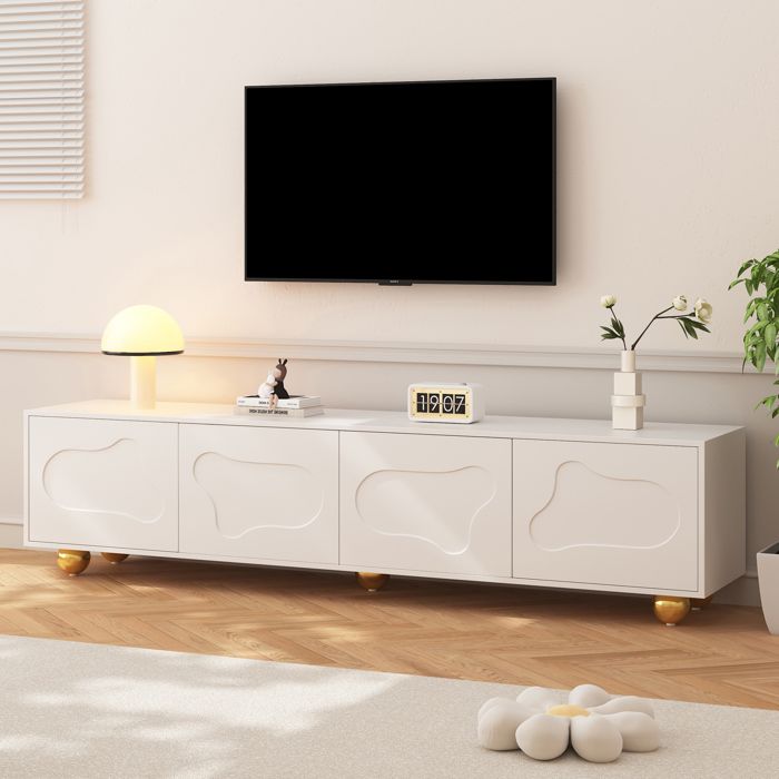 Meuble TV en forme de nuage - 180x40x45 cm - Blanc - Panneau de particules - 2 armoires - 4 portes - 5 pieds de support