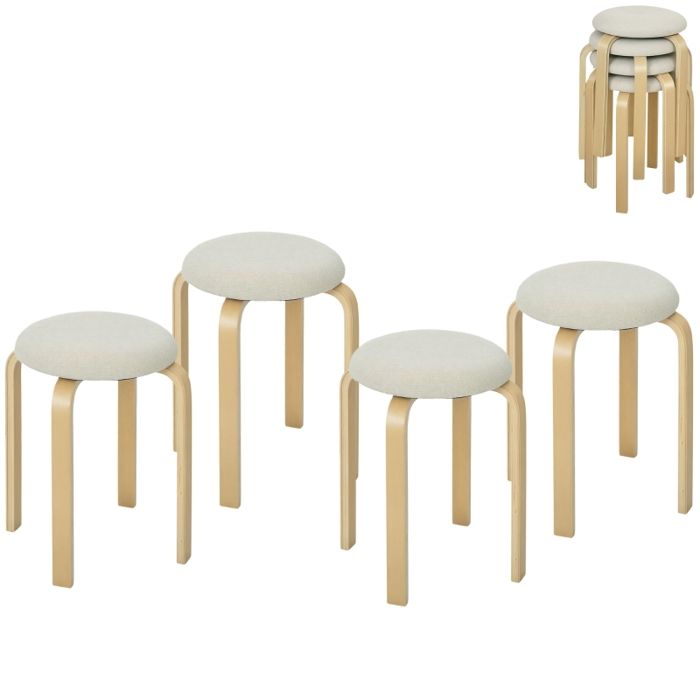 Tabourets empilables - Ensemble de 4 - Crème blanc - 40x40x45 cm - Rembourré - Aspect lin - Supporte jusquà 120 kg