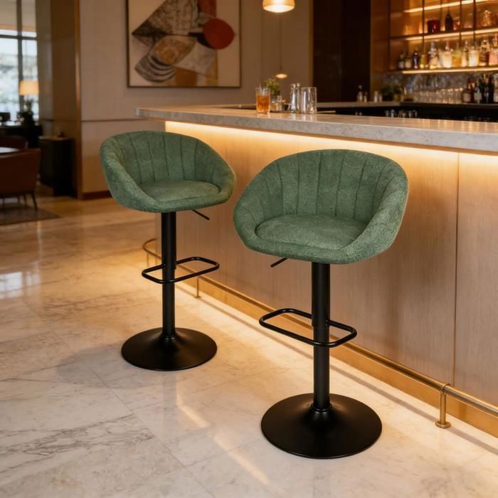 Tabourets de Cuisine Modernes Lot de 2 Réglable en Hauteur Rotation 360° Velours Lin Vert Pieds Métal Noir pour Cuisine/Bar