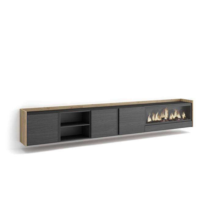 Meuble TV Banc Télé 315x35x50cm Pour les TV jusquà 80 Cheminée électrique XXL Suspendu Mural Noir et chêne RF4744