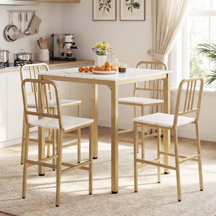 GIANTEX Ensemble de Table à Manger 5 Pièces-Table 90x90CM en Faux Marbre & 4 Chaises avec Dossier-Charge 150KG-Cadre en Métal-Blanc