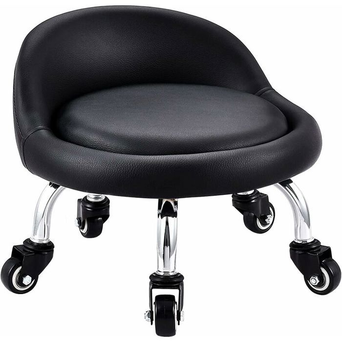 Tabouret à roulettes - PZCC - Hauteur 22 cm - Diamètre siège 33 cm - Simili cuir imperméable - Coussin souple