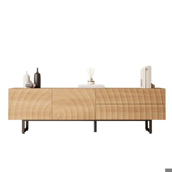 Meuble TV Moderne 180cm Buffet Bas avec Texture 3D Style Scandinave Naturel 2 Portes et 2 Tiroirs Pieds Métal Noir 180x38x51