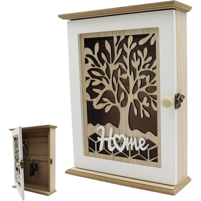 1 Pièce en BoisBoite a Clef DecorativeArmoire à clés Murale avec Motif Arbre de Vieavec Blanc