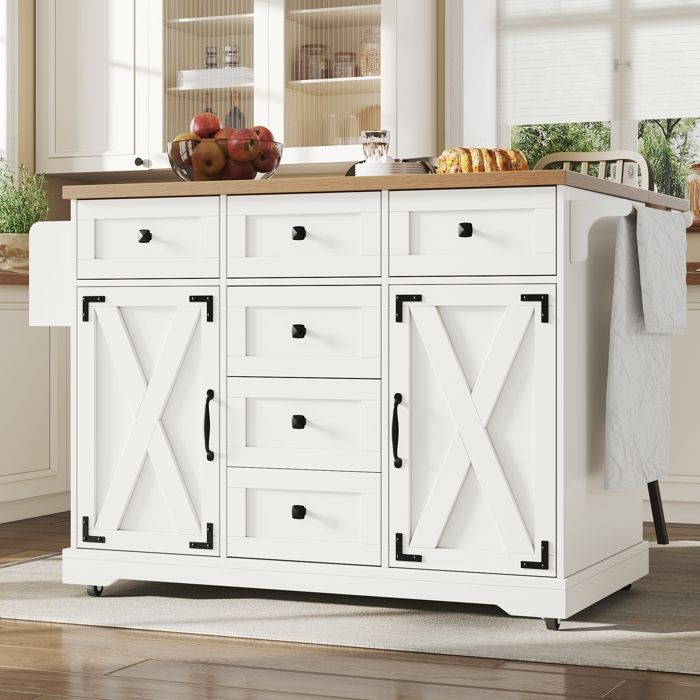 Îlot de cuisine haut de gamme multifonction avec finition bois et grand rangement Chariot buffet mobile pour salle à manger Blanc