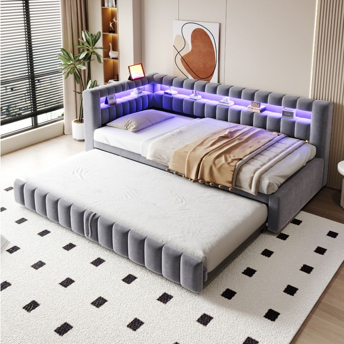 Lit canapé gigogne convertible avec LED réglable USB-C et rangements - ELVMI - en velours gris foncé 90 × 200 cm