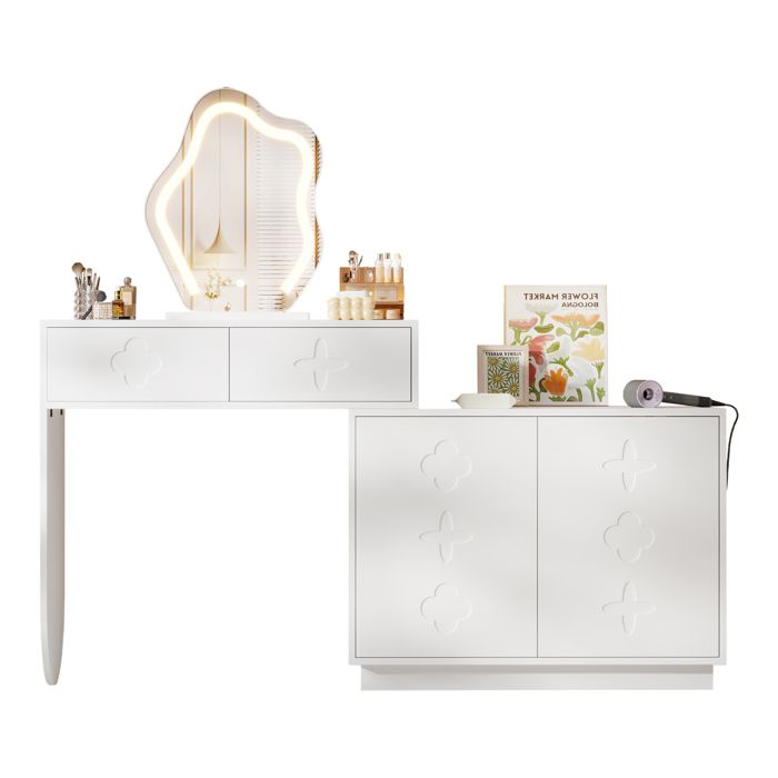 Coiffeuse Blanche avec Miroir LED Irrégulier et Commode - Table Maquillage Moderne avec Tiroirs Motif Trèfle - 160×40×132 cm