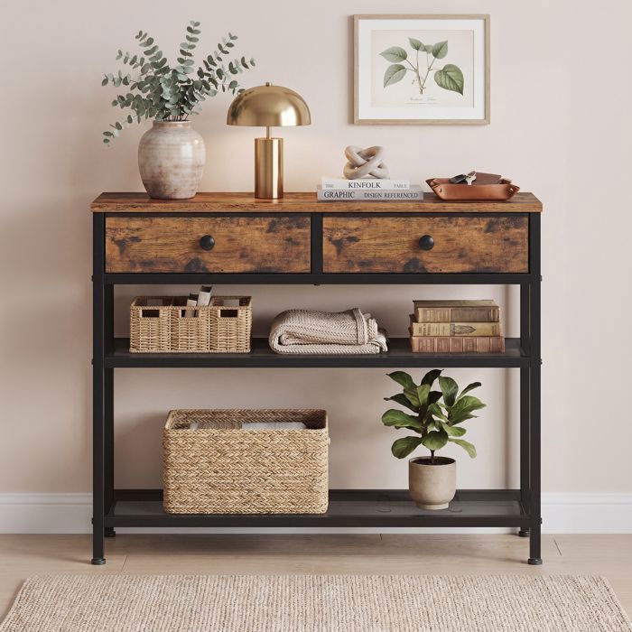 Console 2 Tiroirs en Tissu 2 Étagères Grillagées Bout de Canapé Fin pour Couloir Salon Marron