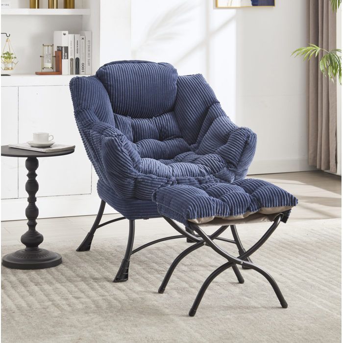 Fauteuil de relaxation 70x64x95 cm EVRYAE - avec repose-pieds et poche latérale structure en acier - Bleu marine