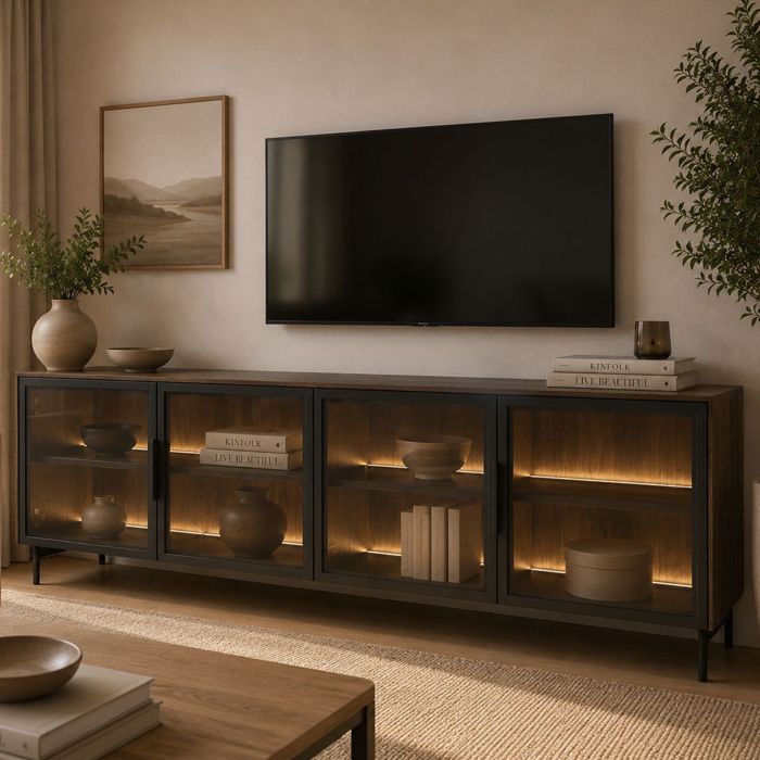 Meuble TV Kalerora Dmora en Bois Nobilité Marron Noyer 181x39x62h cm Meuble TV Kalerora Dmora en Bois Nobilité Marron Noyer 181x39x62h cm