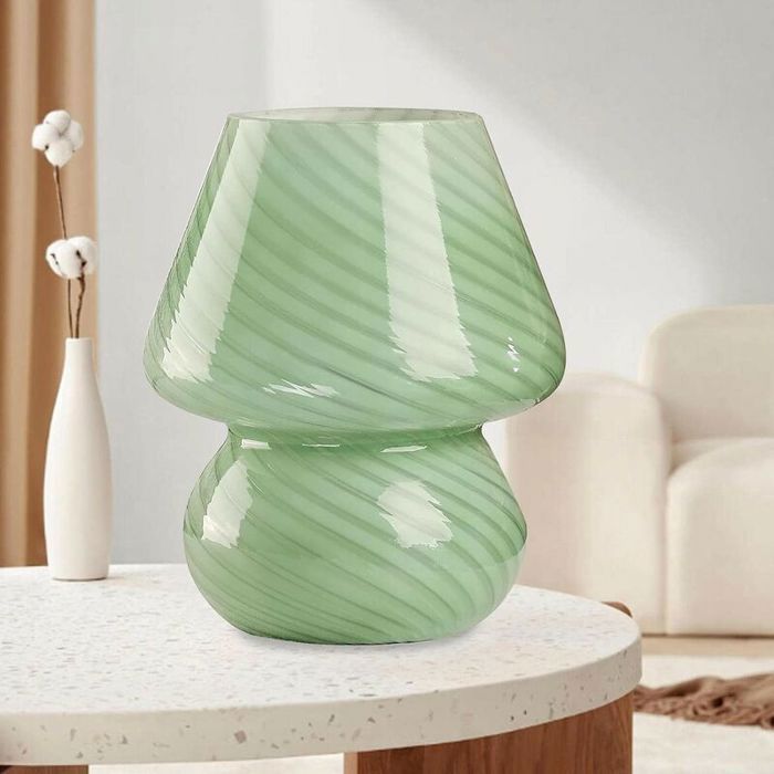 Lampe de chevet champignon– Verre soufflé vert à rayures blanches – 3 couleurs LED – pour chambre salon et bureau