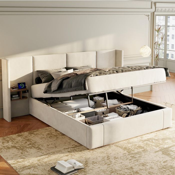Lit coffre relevable 160 x 200 cm en velours beige avec 2 chevets USB prises et sommier a lattes