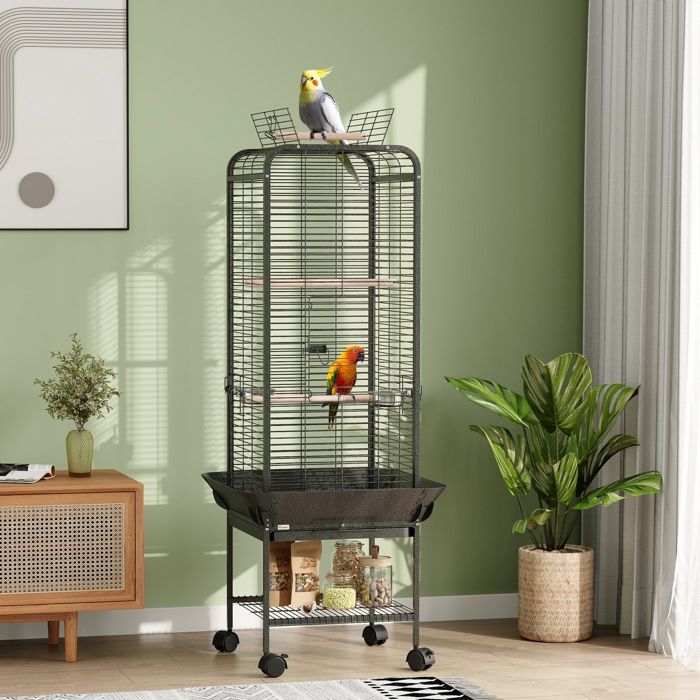 Cage pour perroquets 625 x 625 x 146 cm gris foncé avec roulettes perchoirs mangeoires étagère et plateau amovible