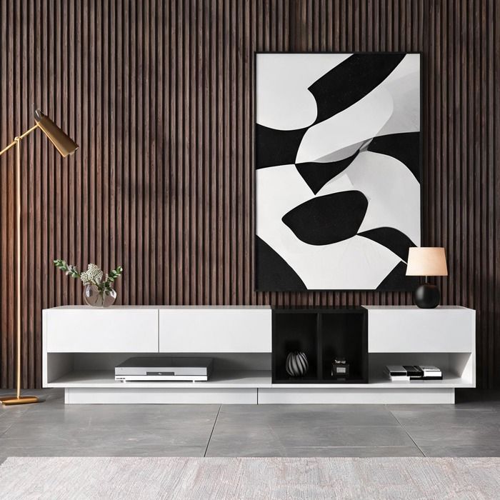 Meuble TV bas design bicolore brillant 190x40x42 cm - classique blanc - 3 tiroirs et 2 niches - façade bloc de couleur blanc et noir