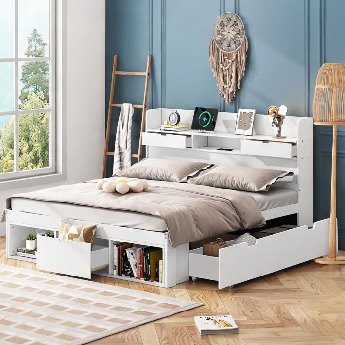 Lit double 140x190 cm avec ports USB et rangement intégré finition blanche en pin