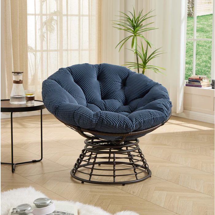 COVREO Fauteuil papasan pivotant 360° 92 x 67 cm avec coussin épais acier et rotin PE bleu marine