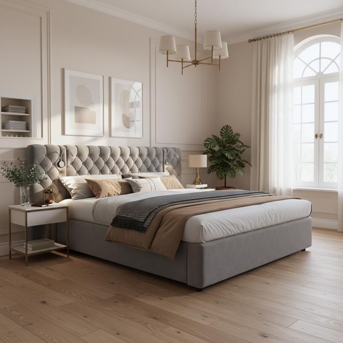 WOVREO Lit coffre hydraulique 180 x 200 cm avec sommier à lattes en bois tête de lit en velours gris et lampes de lecture