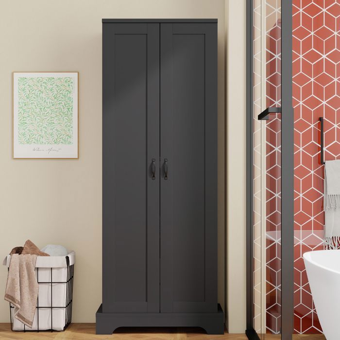 Colonne de Salle de Bain - Noir - Armoire Haute avec Portes et Étagères Réglables - Meuble de Buanderie 56x40x170cm