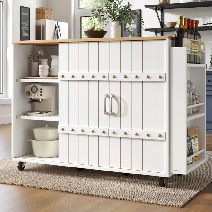 Desserte de Cuisine 2 Portes Coulissantes 3 Tiroirs Plateau Rabattable - YEAVIO - sur Roulettes Blanc 110×42×90 cm