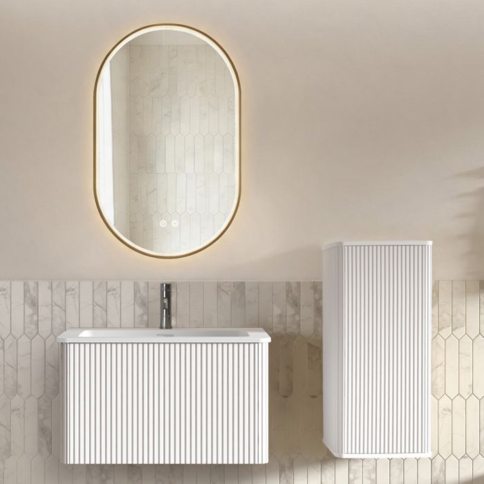 Meuble de salle de bain avec miroir LED - Ensemble meuble vasque et miroir LED - Vasque en pierre reconstituée blanche