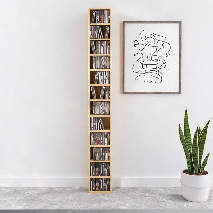 Colonne de rangement 204 CD 12 compartiments bois design contemporain warm beige 175 x 21 x 20 cm