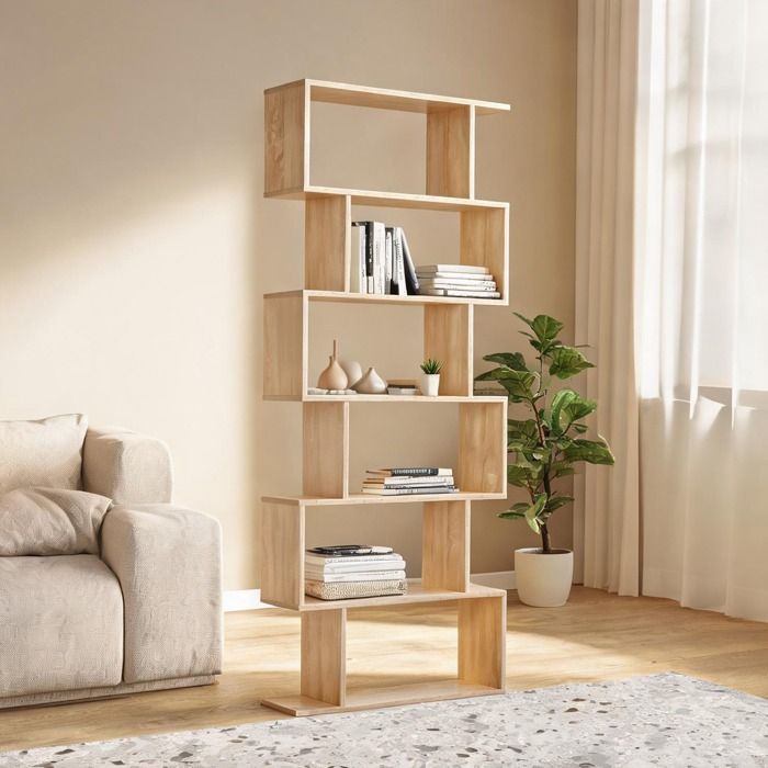 Bibliothèque étagère en panneaux de particules mélaminés design zigzag beige neutre 6 niveaux 80 x 23 x 192 cm